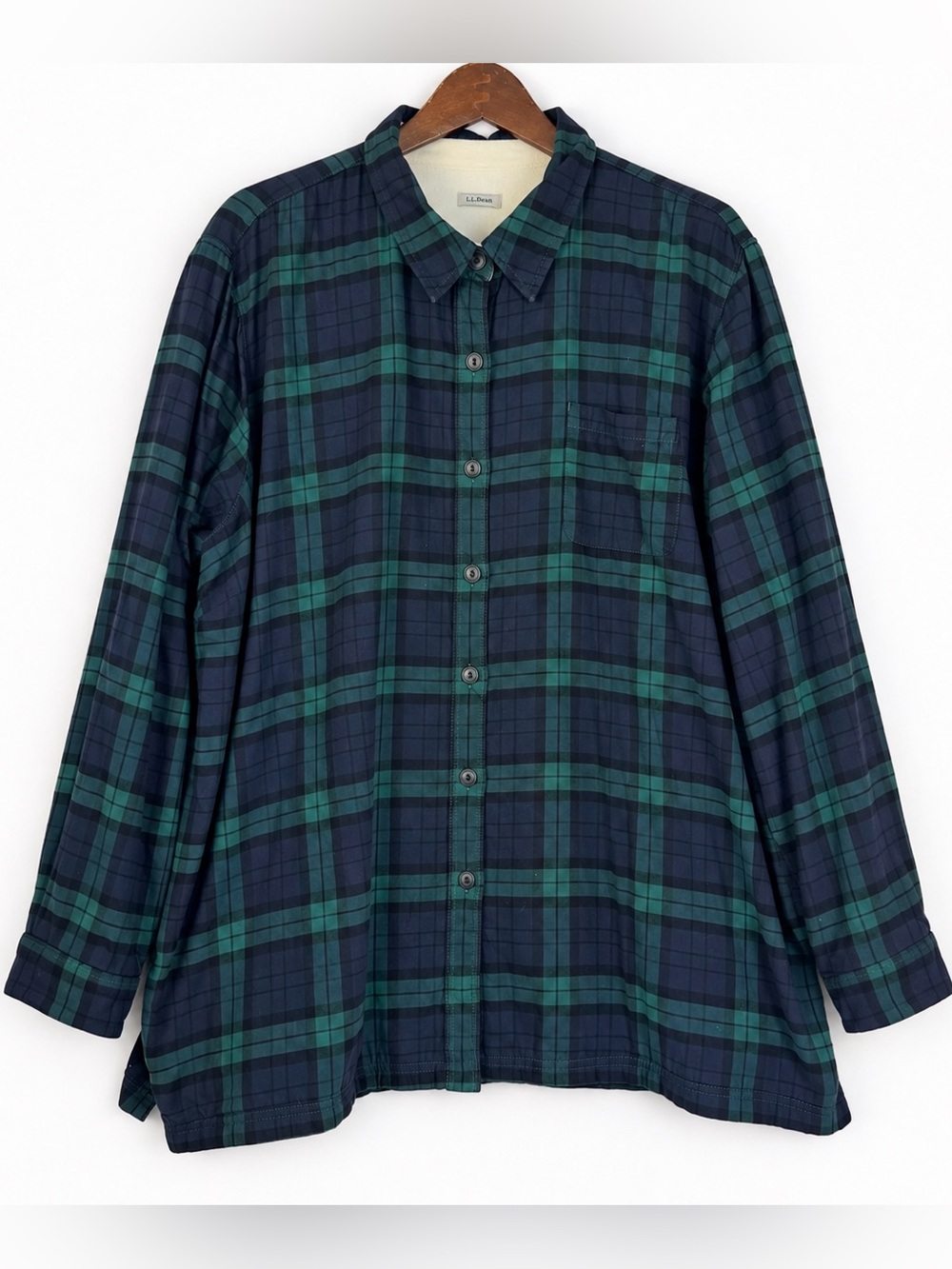 L.L.Bean Navy Green Plaid Fleece Lined Flannel Shirt Jacket Oversized